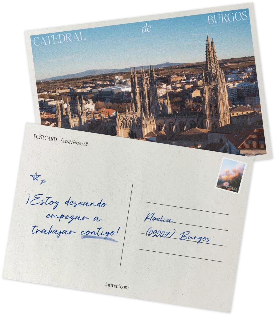 Postal de Burgos en la que aparece escrito "Tengo ganas de empezar a trabajar contigo" firmada por Noelia